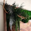 Moss wall art detail with a wooden frame, live edge wood slab, preserved ferns, and green moss.