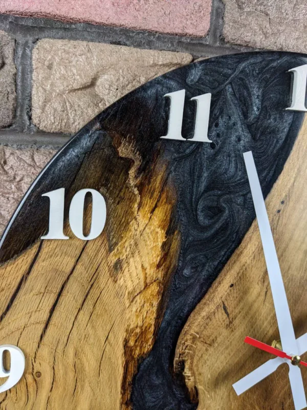 Designer Oak Wall Clock with Black Epoxy Resin & Mother of Pearl - Image 4