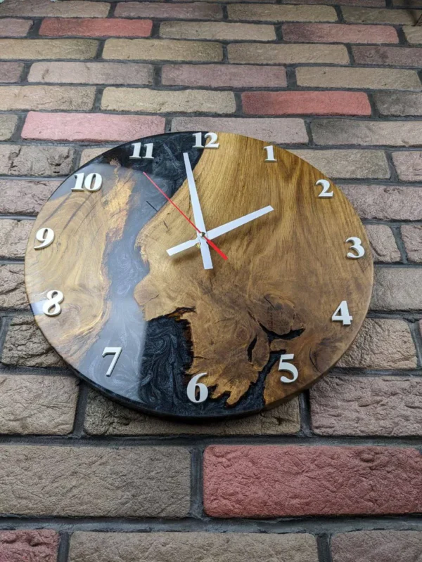 Designer Oak Wall Clock with Black Epoxy Resin & Mother of Pearl - Image 2