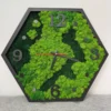 Hexagonal moss wall clock with wooden frame, numerals, and hour markers