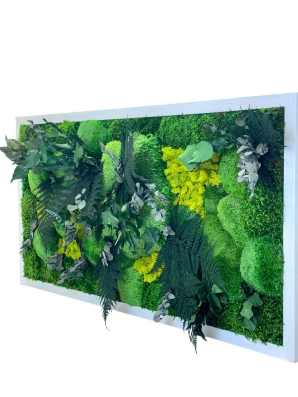 Side view of rectangular preserved moss and plant wall art with 3D ferns and foliage in a white wooden frame.