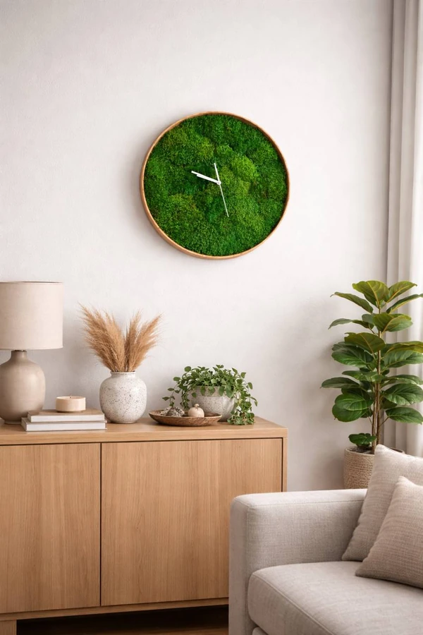 Round green moss wall clock with natural wood frame hanging above a wooden cabinet in a living room.