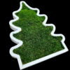 Angled perspective of a white Christmas tree wooden frame filled with green flat moss on a black background.