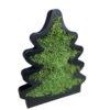 Black wooden Christmas tree figurine filled with textured green flat moss, angled view.