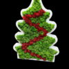 Front view of white wooden Christmas tree filled with green reindeer moss and a red moss garland
