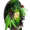 Side view of round moss wall clock in black frame with preserved ferns and natural wood center