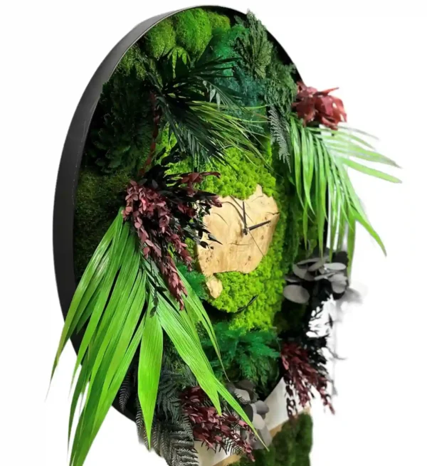 Round Wall Clock with Moss Solid Wood and Plants | Picture Clock - Image 4