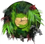 Round Wall Clock with Moss Solid Wood and Plants | Picture Clock