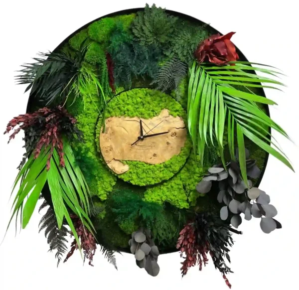 Round wall clock featuring preserved moss, botanical foliage, and a wood dial in a circular frame