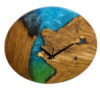 Round solid oak wall clock with blue and green epoxy resin river and black hands