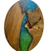 Side view of round solid oak wall clock displaying blue and green epoxy resin inlay and smooth finished edge