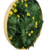 Side view of round moss wall art with natural wood frame, textured green foliage, and small yellow flowers