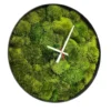 Round wall clock filled with green Provence moss in a black frame with white and red hands.