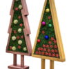 Two standing wooden Christmas trees filled with green moss, decorated with ornaments and stars on a white background.
