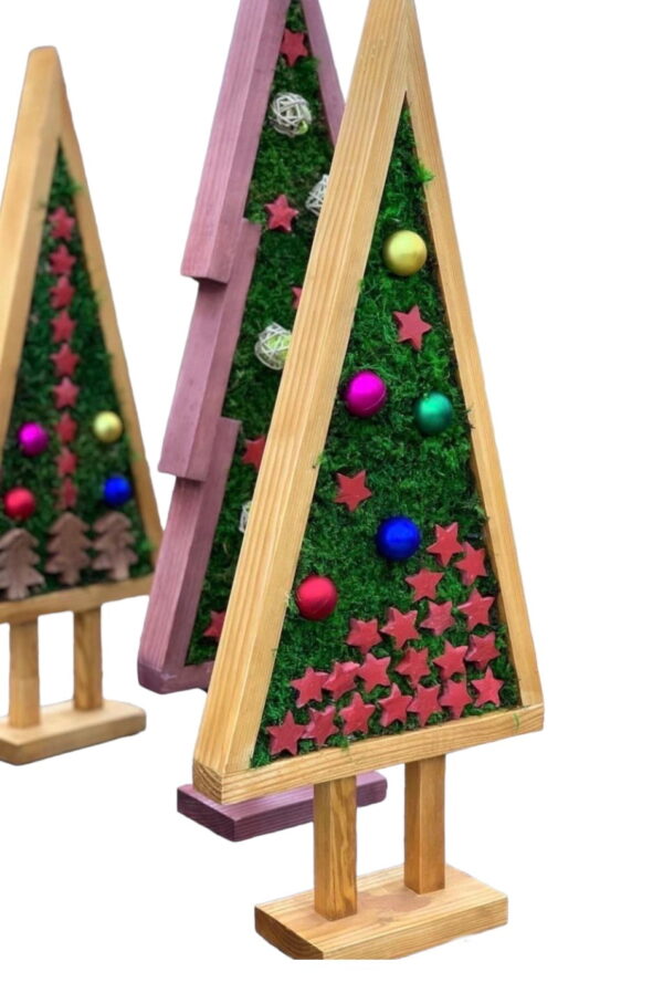 Decorative Wooden Christmas Tree with Moss and Ornaments - Image 5