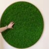 Hand touching a circular preserved green moss wall art piece mounted on a white wall.