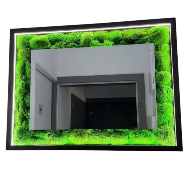 Rectangular mirror framed by bright green moss with an inner strip of white LED lighting, reflecting a doorway.