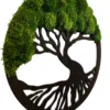 Side angle of round Tree of Life wall art featuring a dark wooden frame and lush green moss canopy