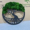 Round tree of life wall art in black wooden frame with textured green ball moss foliage.