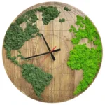 Round Wooden World Map Clock with Preserved Reindeer Moss