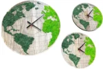 Round Wooden World Map Clock with Preserved Reindeer Moss - Image 2