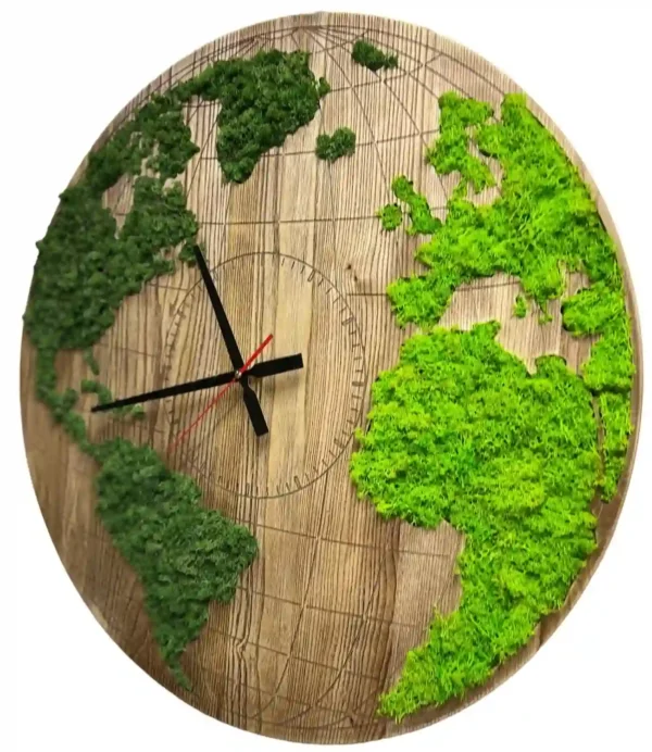 Round Wooden World Map Clock with Preserved Reindeer Moss - Image 3
