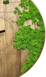 Round Wooden World Map Clock with Preserved Reindeer Moss - Image 4