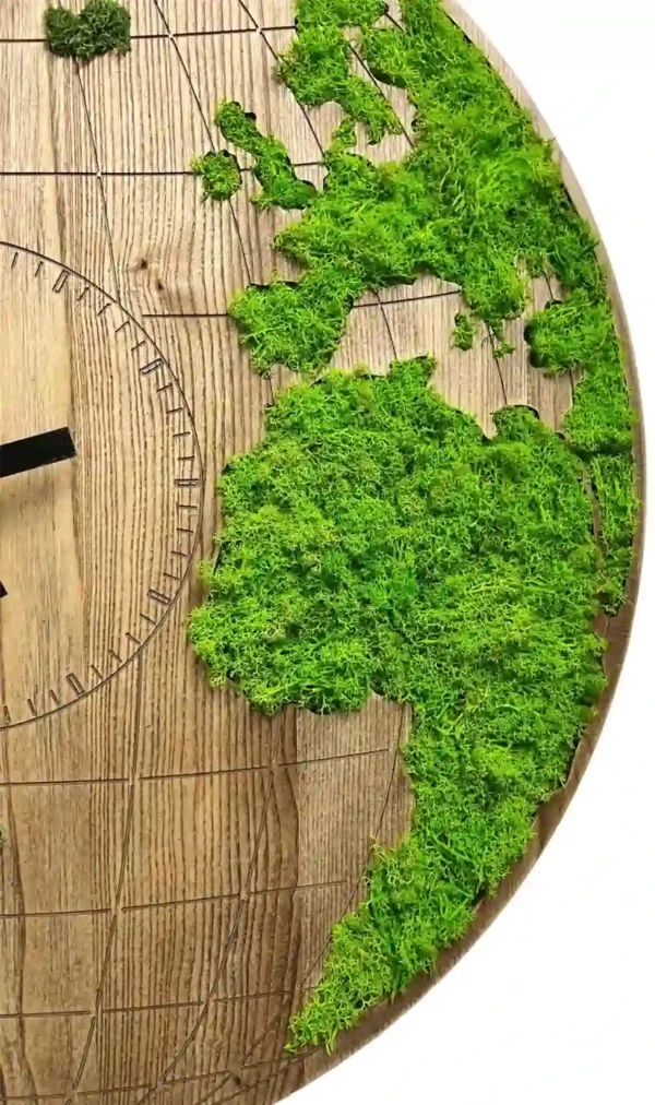 Round Wooden World Map Clock with Preserved Reindeer Moss - Image 4