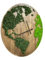 Round Wooden World Map Clock with Preserved Reindeer Moss - Image 5