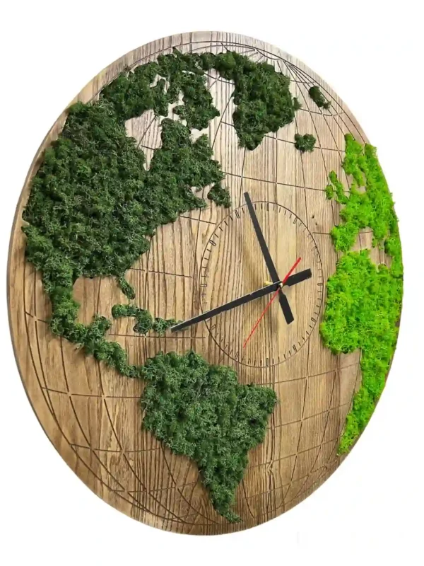 Round Wooden World Map Clock with Preserved Reindeer Moss - Image 5