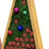 Triangular wooden Christmas tree filled with green moss, colorful baubles, and red stars on a wooden base.