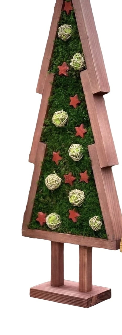 Wooden Christmas tree decoration filled with green moss, decorated with red wooden stars and woven string balls.