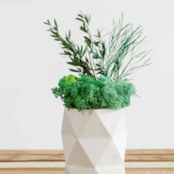 Geometric white concrete vase with bright green moss and dark foliage on a wooden slatted surface.