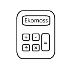 Black outline calculator icon with 'Ekomoss' on screen and arithmetic symbol buttons.