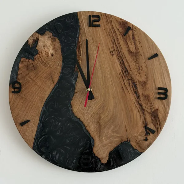 Black Wood and Epoxy Wall Clock with black dial, front view