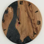Wood and Epoxy Wall Clock with dial, angled view