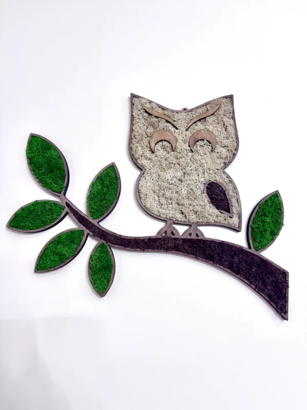 3D Wooden Owl Wall Decor with Moss – Handmade Moss Art