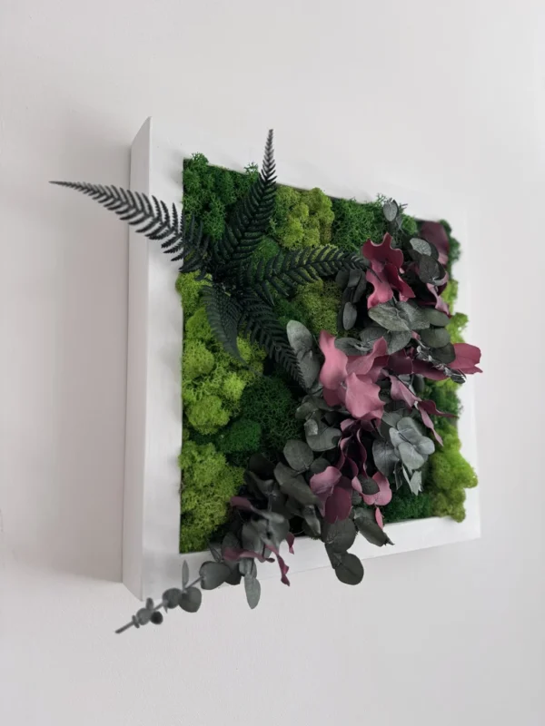 IMG_8681_result Square moss art with green reindeer moss, dark fern leaves, and red eucalyptus branches in a white frame.