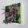 IMG_8682_result Square moss art with green reindeer moss, red eucalyptus leaves, and fern in a white wooden frame on a white wall.