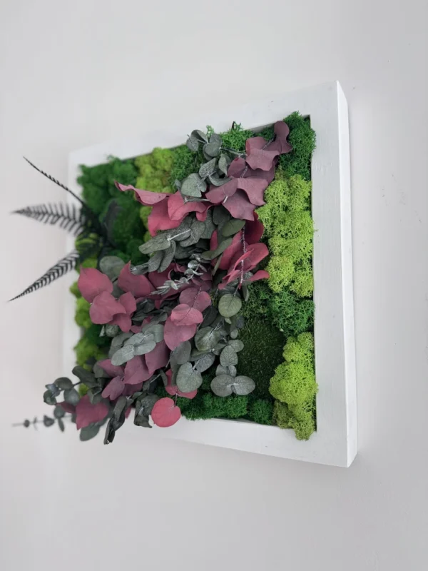 IMG_8682_result Square moss art with green reindeer moss, red eucalyptus leaves, and fern in a white wooden frame on a white wall.