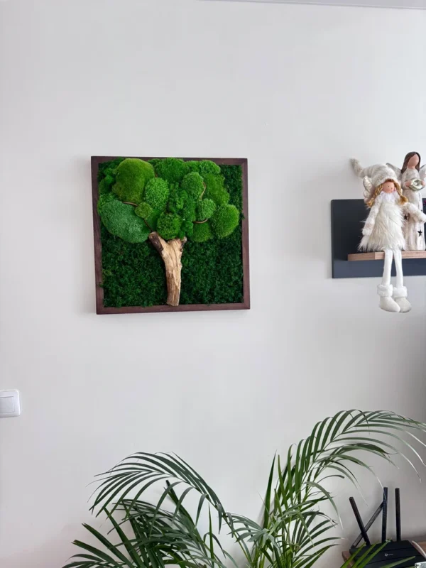 IMG_9004_result Square moss tree wall art made from bun moss and flat moss with a wood trunk in a dark wooden frame on a white wall.