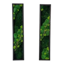Two narrow, vertical moss wall art pieces with stabilized moss and fine branches in rectangular frames