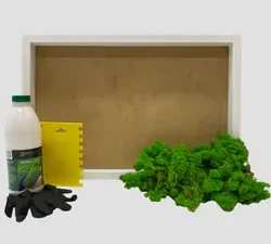Bright green preserved moss, white rectangular frame, white glue bottle, yellow spreader, black gloves.