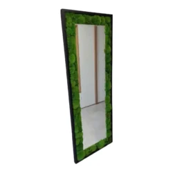 Tall rectangular floor mirror with black frame and vibrant green moss border, reflecting a light wall.