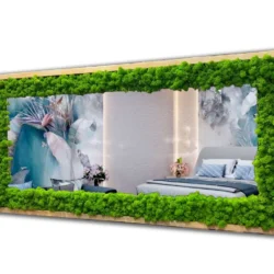 Rectangular mirror with a light wood frame covered in bright green moss, reflecting a bedroom.