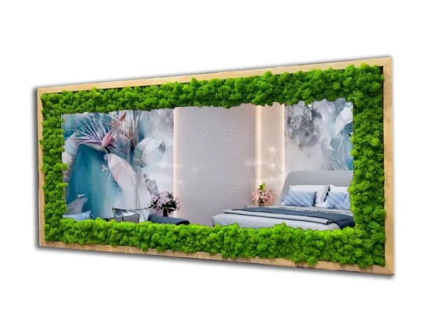 photo_2023-11-07_19-34-05_26_05_2024 Rectangular mirror with a light wood frame covered in bright green moss, reflecting a bedroom.