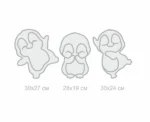 Three stylized penguin outlines with dimensions 30x27 cm, 28x19 cm, and 30x24 cm.