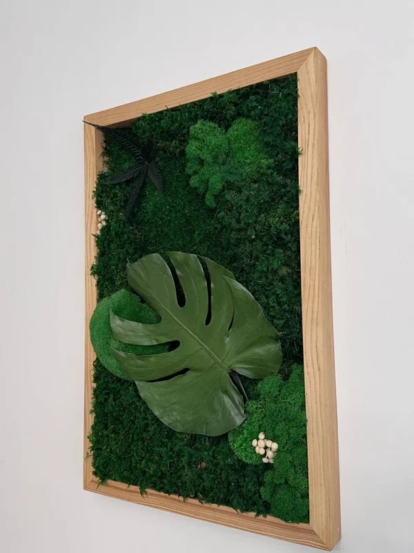 photo_2026-06-29_10-35-39_result Side view of a rectangular moss art with a green Monstera leaf and a light wooden frame