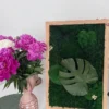 photo_2026-07-06_10-54-10_result Moss art with Monstera leaf in a wooden frame, placed next to a vase with pink peonies.