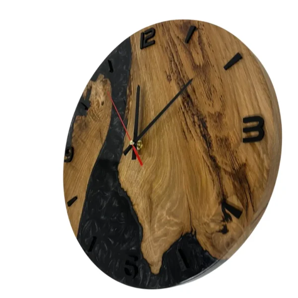 Wood and Epoxy Wall Clock with dial, angled view